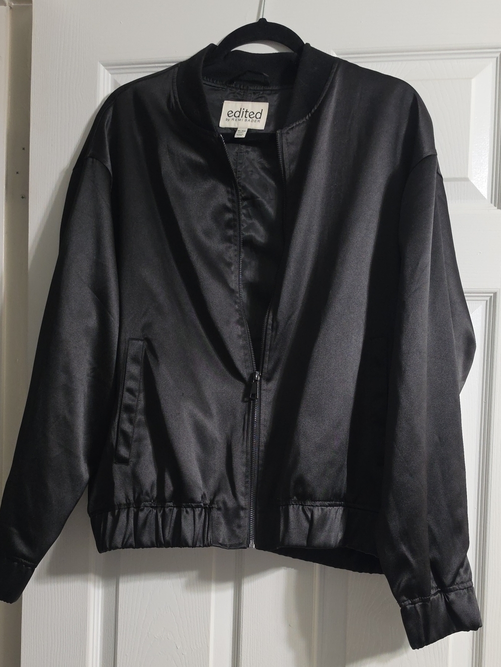 Edited Black Satin Bomber Jacket - Sleek Zip Front